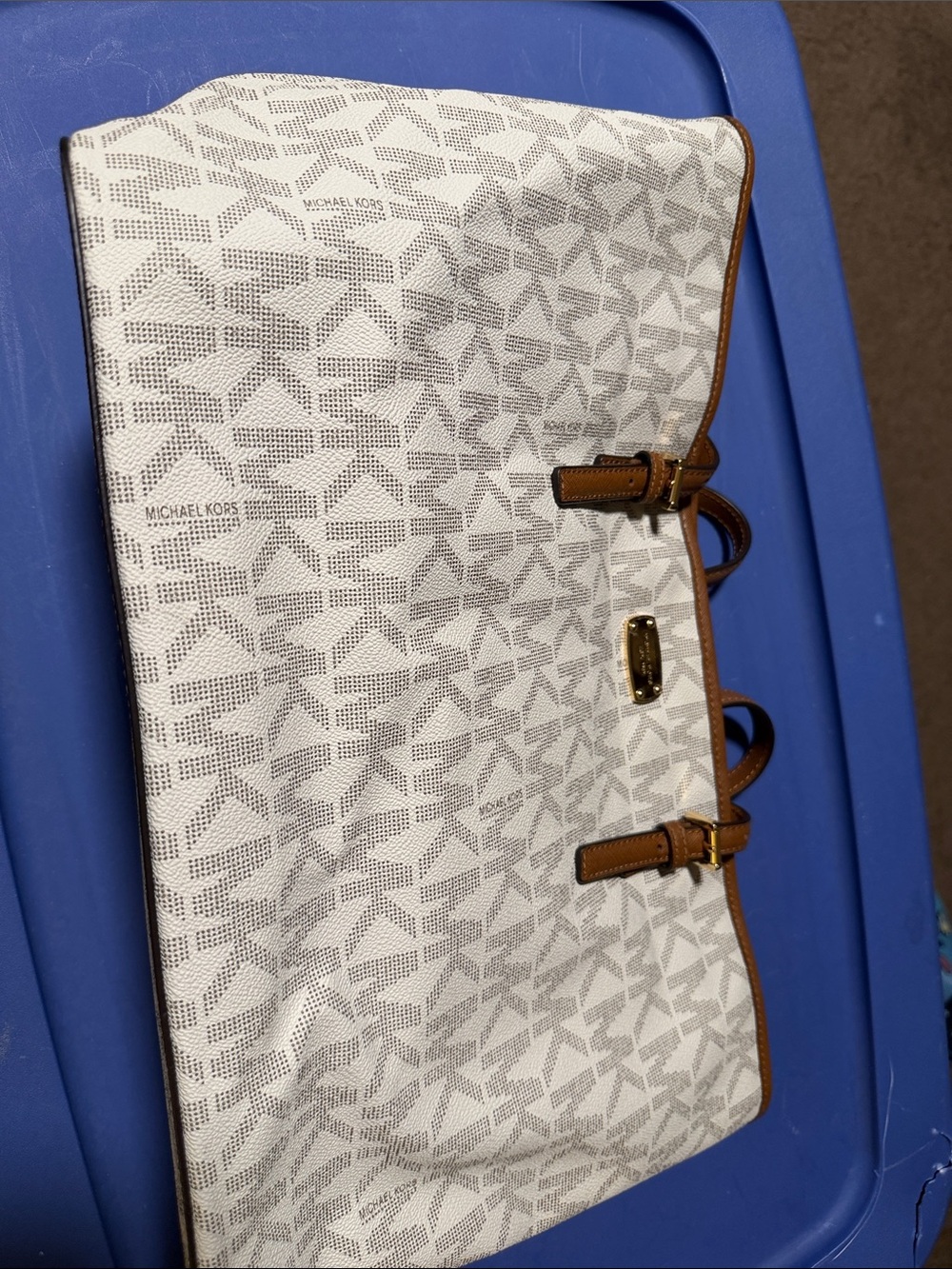 Michael Kors White and Brown Logo-Print Laptop Tote
